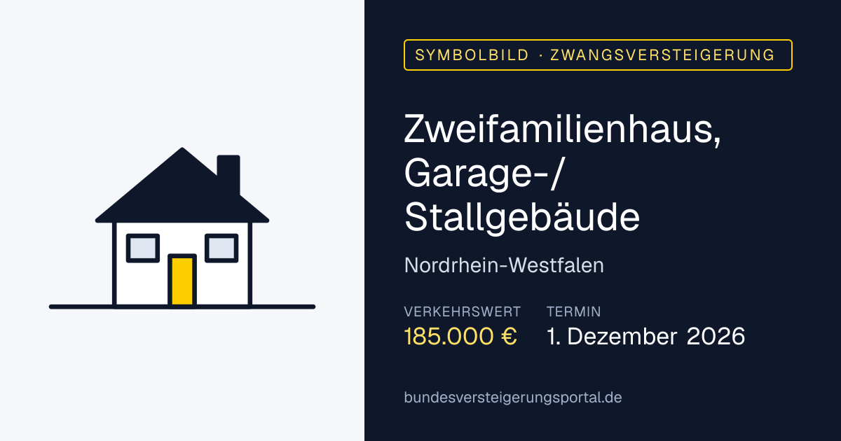 Symbolbild: Zweifamilienhaus, Garage-/Stallgebäude — Zwangsversteigerung, kein Foto des Objekts