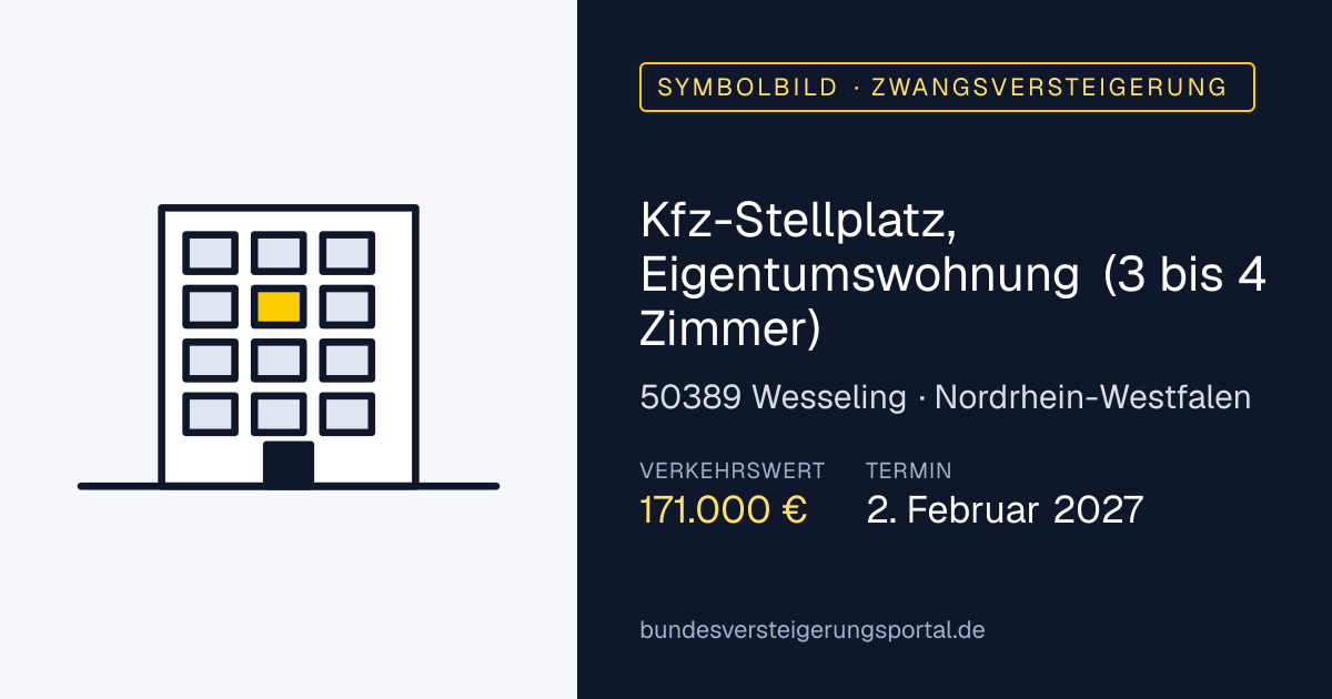 Symbolbild: Kfz-Stellplatz, Eigentumswohnung (3 bis 4 Zimmer) in Wesseling — Zwangsversteigerung, kein Foto des Objekts
