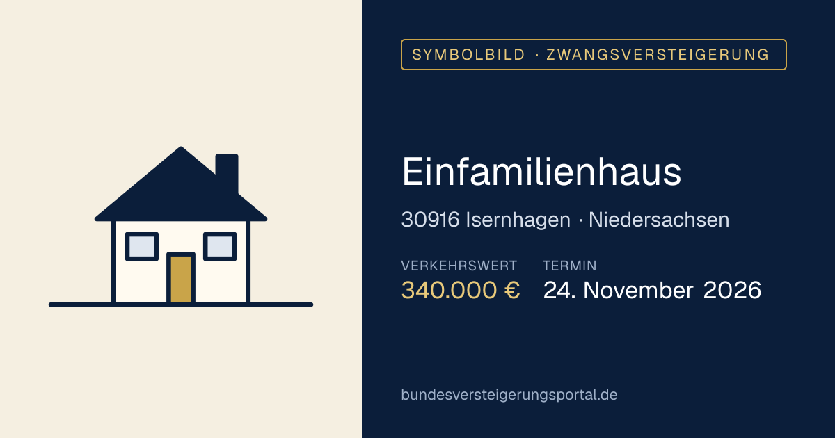 Symbolbild: Einfamilienhaus in Isernhagen — Zwangsversteigerung, kein Foto des Objekts