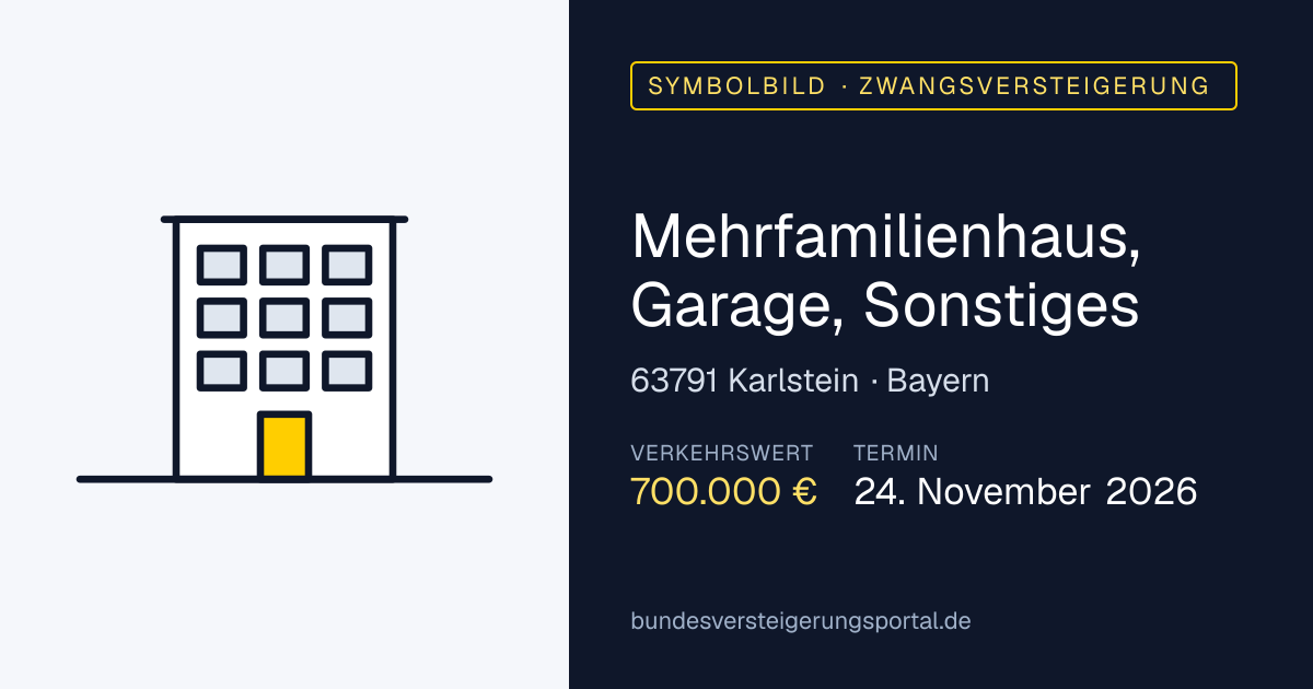 Symbolbild: Mehrfamilienhaus, Garage, Sonstiges in Karlstein — Zwangsversteigerung, kein Foto des Objekts