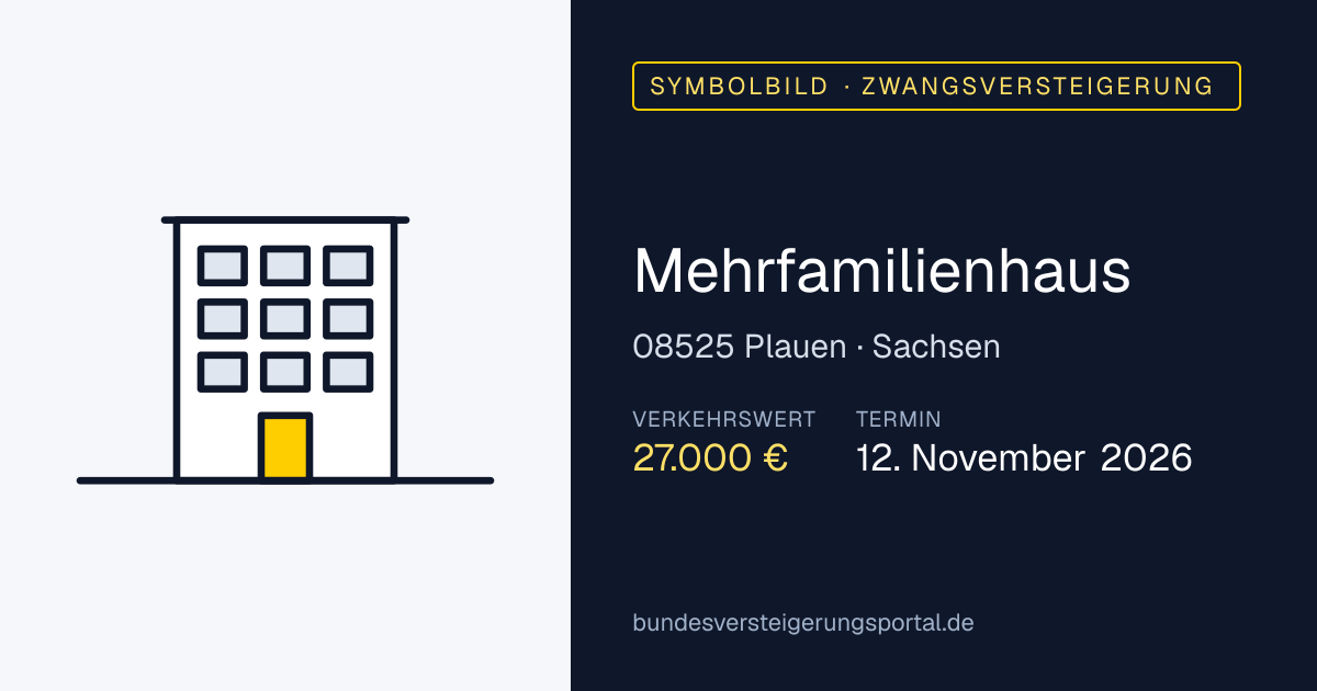 Symbolbild: Mehrfamilienhaus in Plauen — Zwangsversteigerung, kein Foto des Objekts