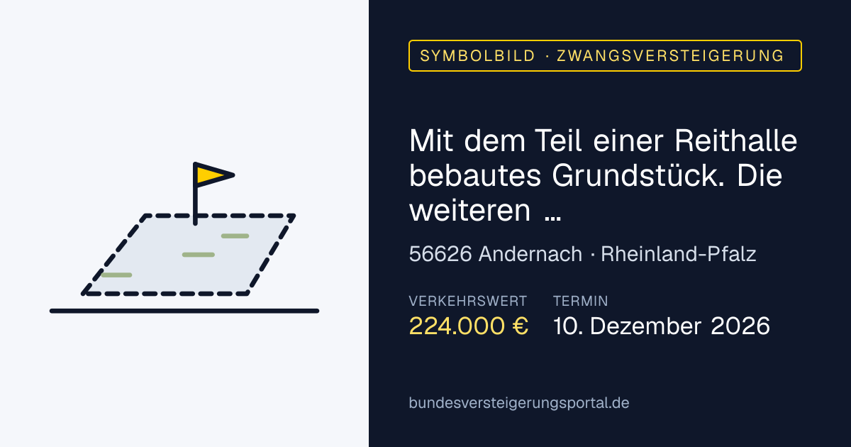Symbolbild: Mit dem Teil einer Reithalle bebautes Grundstück. Die weiteren Grundstücksflächen sind unbebaut und mit Sandbelag und Grünanlagen zur Nutzung und Aufenthalt von Pferden versehen in Andernach — Zwangsversteigerung, kein Foto des Objekts