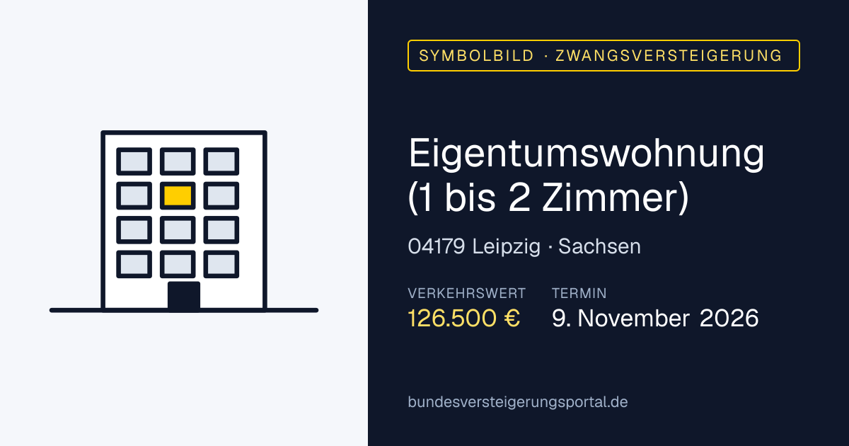 Symbolbild: Eigentumswohnung (1 bis 2 Zimmer) in Leipzig — Zwangsversteigerung, kein Foto des Objekts