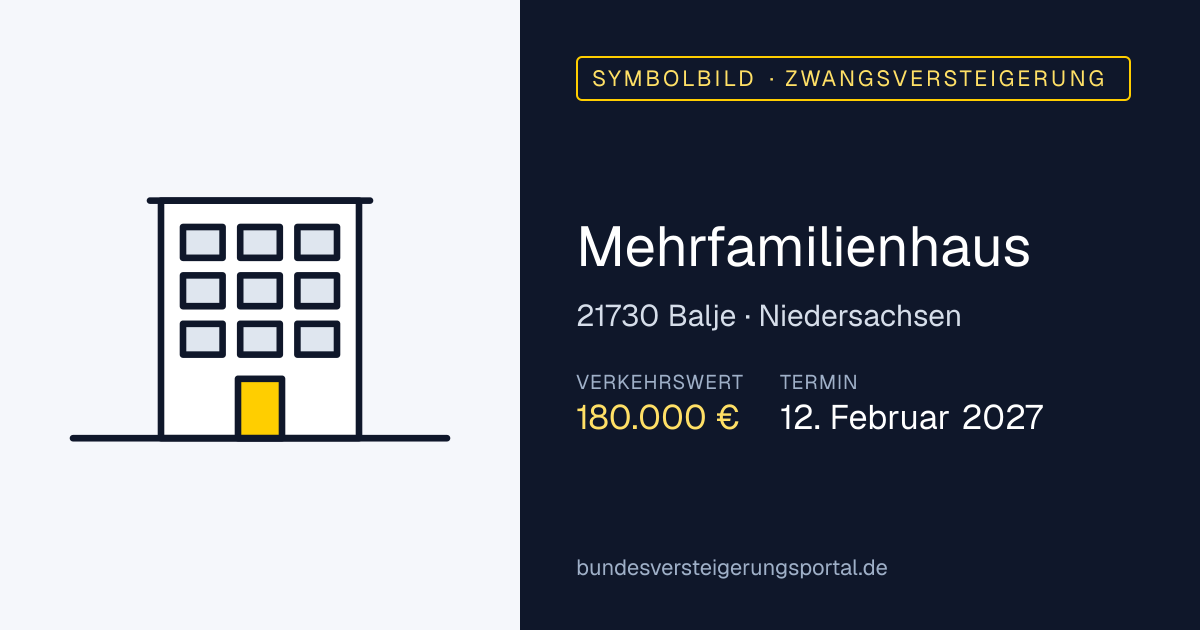 Symbolbild: Mehrfamilienhaus in Balje — Zwangsversteigerung, kein Foto des Objekts