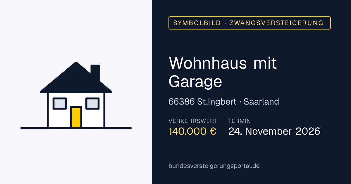 Symbolbild: Wohnhaus mit Garage in St.Ingbert — Zwangsversteigerung, kein Foto des Objekts