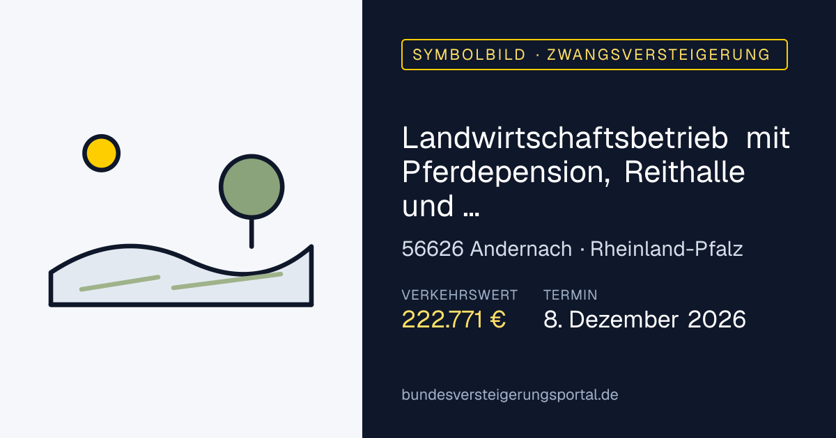 Symbolbild: Landwirtschaftsbetrieb mit Pferdepension, Reithalle und Pferdetherapiezentrum sowie Wohnbebauung mit Nebenflächen des Betriebes der Landwirtschaft. Grünflächen teilweise eingezäunt, dienen zur Weidehaltung der Pferde. in Andernach — Zwangsversteigerung, kein Foto des Objekts