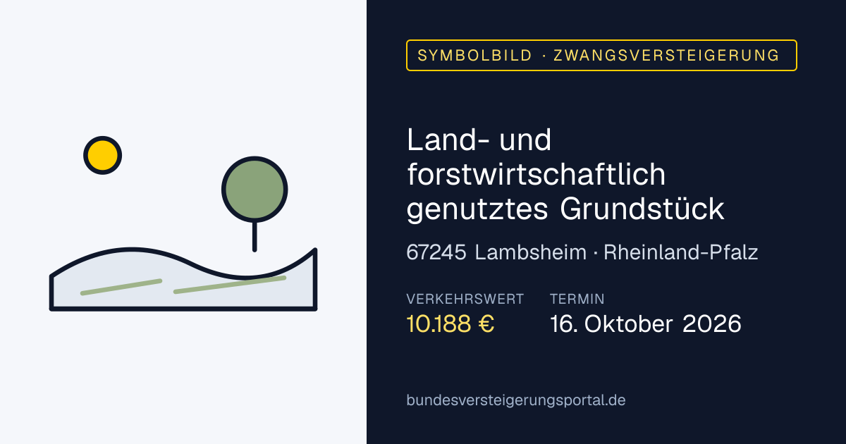 Symbolbild: Land- und forstwirtschaftlich genutztes Grundstück in Lambsheim — Zwangsversteigerung, kein Foto des Objekts