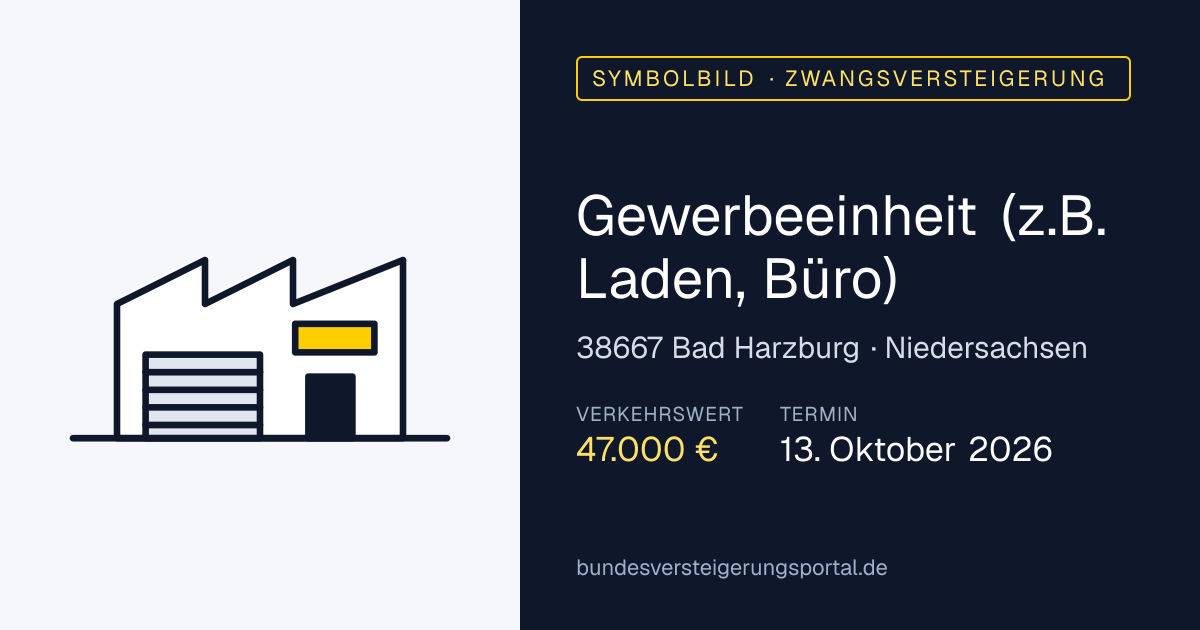 Symbolbild: Gewerbeeinheit (z.B. Laden, Büro) in Bad Harzburg — Zwangsversteigerung, kein Foto des Objekts