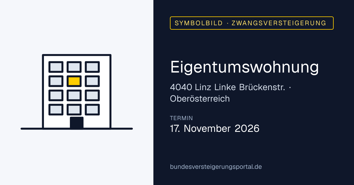Symbolbild: Eigentumswohnung in Linz Linke Brückenstr. — Zwangsversteigerung, kein Foto des Objekts