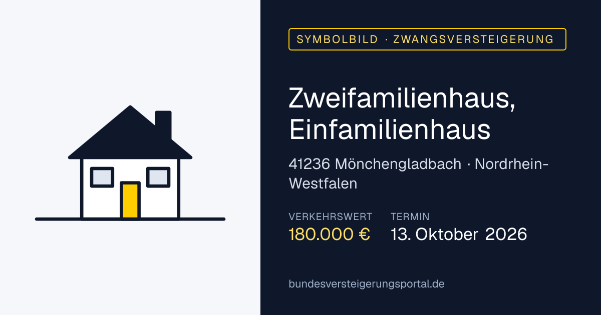 Symbolbild: Zweifamilienhaus, Einfamilienhaus in Mönchengladbach — Zwangsversteigerung, kein Foto des Objekts