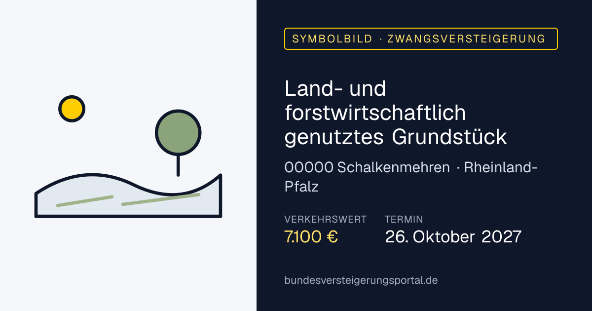 Symbolbild: Land- und forstwirtschaftlich genutztes Grundstück in Schalkenmehren — Zwangsversteigerung, kein Foto des Objekts
