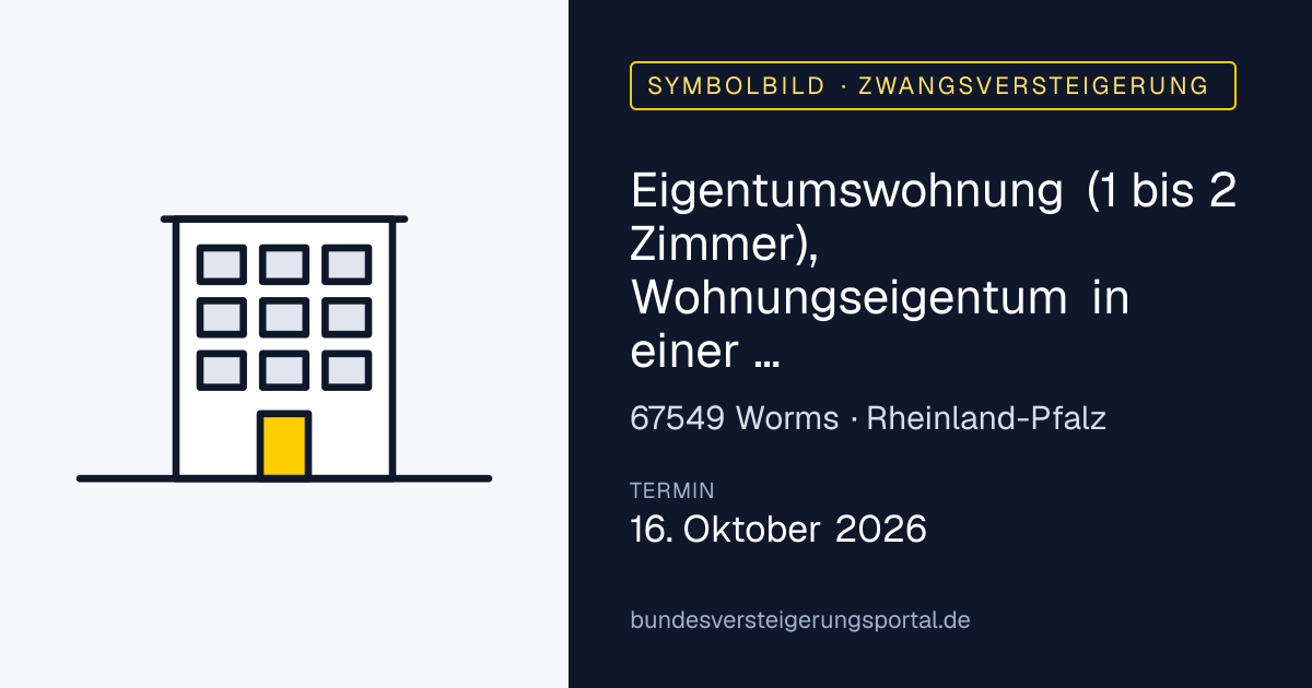 Symbolbild: Eigentumswohnung (1 bis 2 Zimmer), Wohnungseigentum in einer Wohnanlage, bestehend aus einem Mehrfamilienhaus mit 12 Wohneinheiten (Vorderhaus) und ei nem Nebengebäude mit 2 Garagen, Lagerräumen und 2 Wohneinheiten ( Hinterhaus) in Worms — Zwangsversteigerung, kein Foto des Objekts