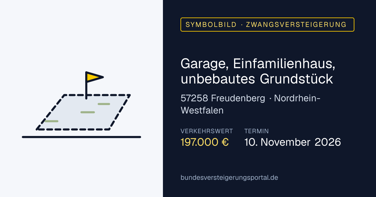 Symbolbild: Garage, Einfamilienhaus, unbebautes Grundstück in Freudenberg — Zwangsversteigerung, kein Foto des Objekts