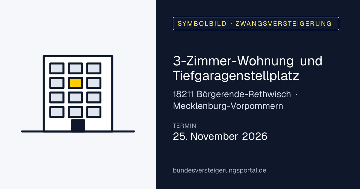 Symbolbild: 3-Zimmer-Wohnung und Tiefgaragenstellplatz in Börgerende-Rethwisch — Zwangsversteigerung, kein Foto des Objekts