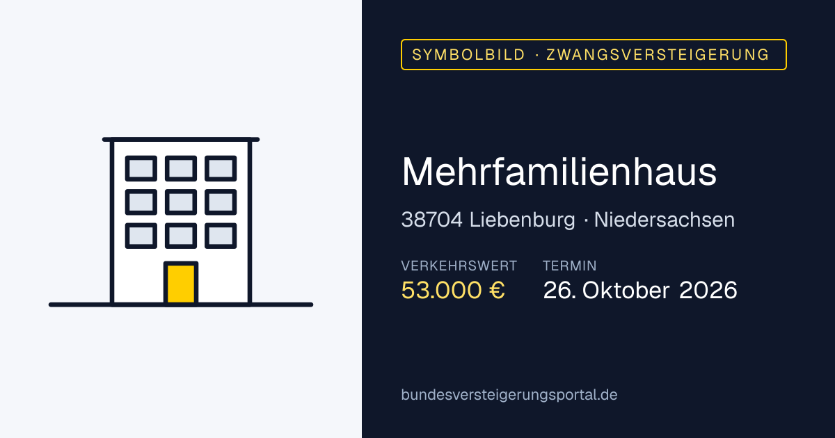 Symbolbild: Mehrfamilienhaus in Liebenburg — Zwangsversteigerung, kein Foto des Objekts