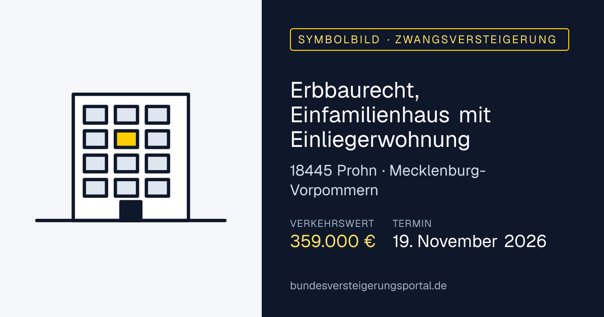 Symbolbild: Erbbaurecht, Einfamilienhaus mit Einliegerwohnung in Prohn — Zwangsversteigerung, kein Foto des Objekts