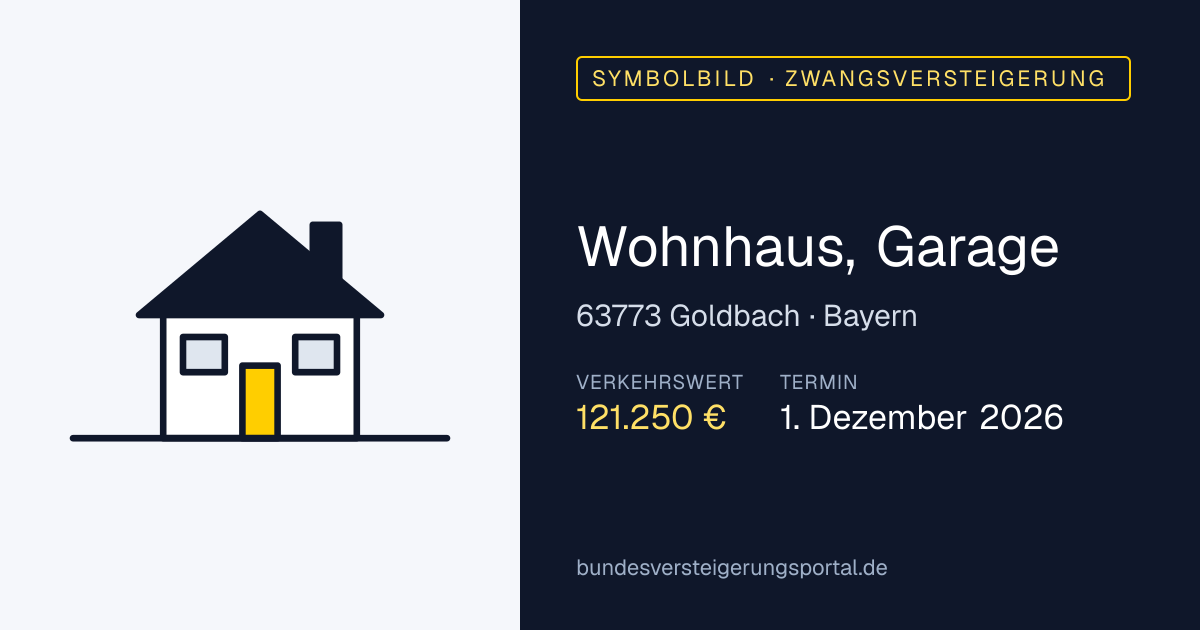 Symbolbild: Wohnhaus, Garage in Goldbach — Zwangsversteigerung, kein Foto des Objekts