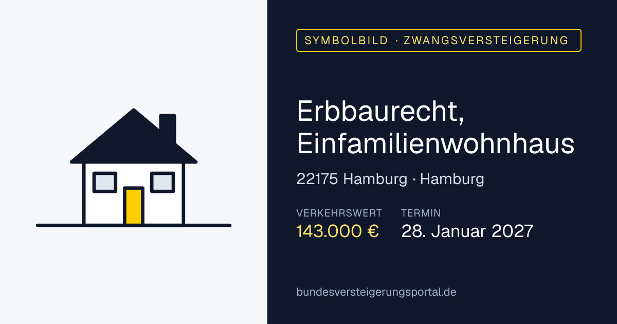 Symbolbild: Erbbaurecht, Einfamilienwohnhaus in Hamburg — Zwangsversteigerung, kein Foto des Objekts