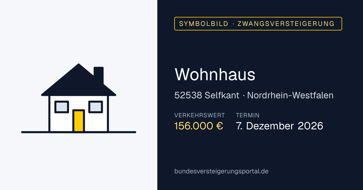 Symbolbild: Wohnhaus in Selfkant — Zwangsversteigerung, kein Foto des Objekts