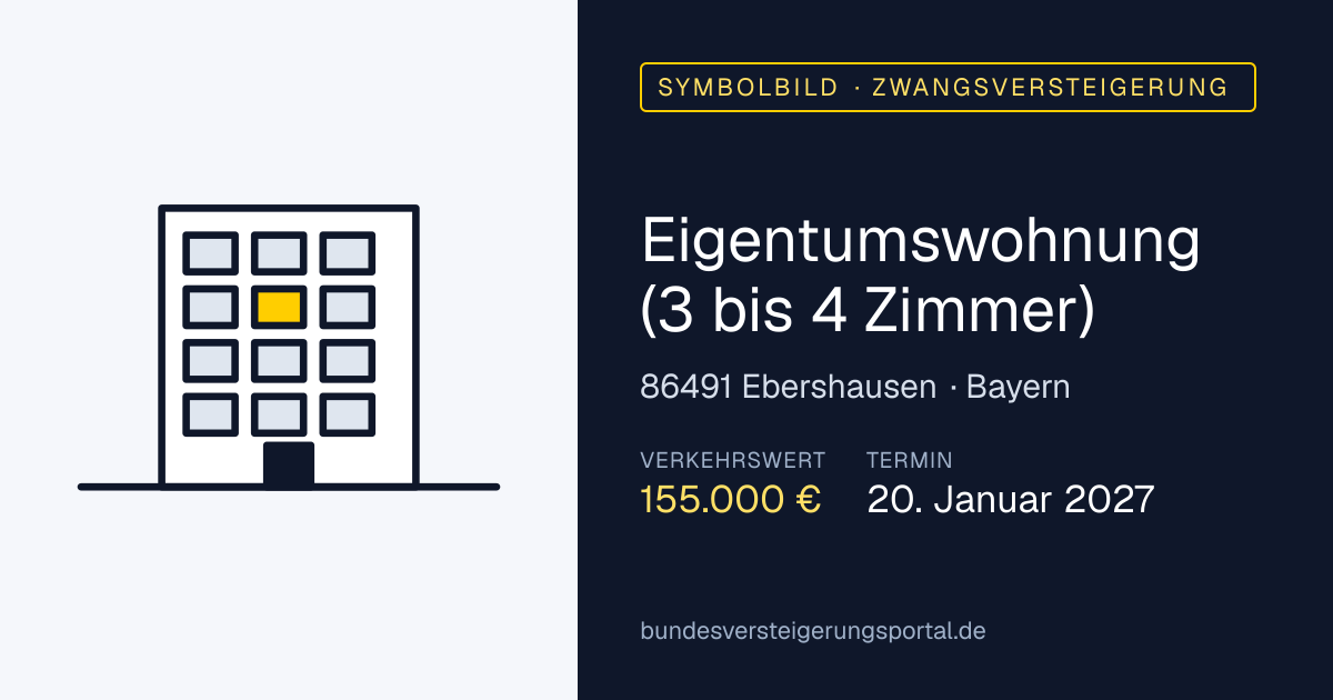 Symbolbild: Eigentumswohnung (3 bis 4 Zimmer) in Ebershausen — Zwangsversteigerung, kein Foto des Objekts