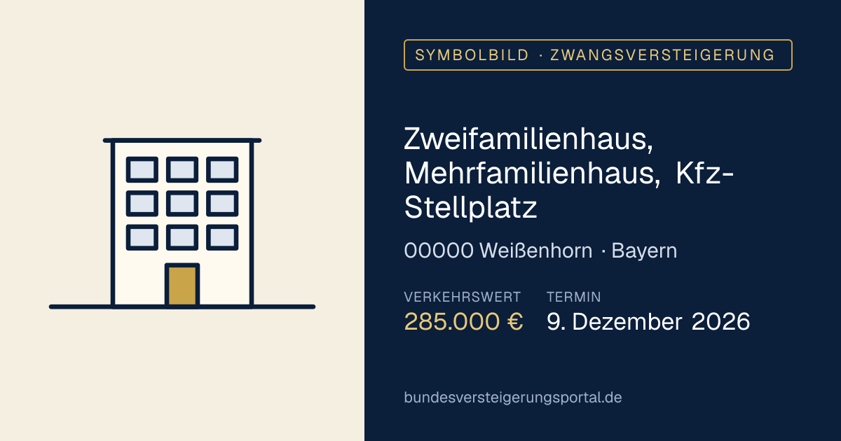 Symbolbild: Zweifamilienhaus, Mehrfamilienhaus, Kfz-Stellplatz in Weißenhorn — Zwangsversteigerung, kein Foto des Objekts