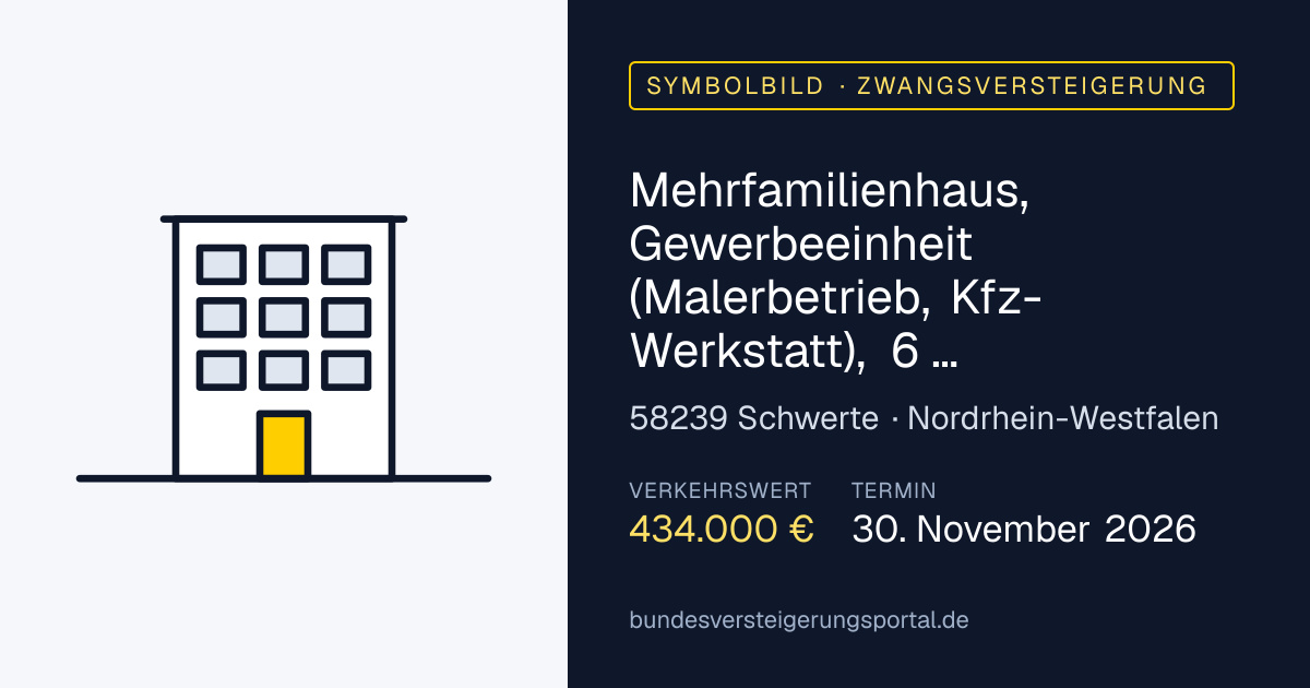Symbolbild: Mehrfamilienhaus, Gewerbeeinheit (Malerbetrieb, Kfz-Werkstatt), 6 Fertiggaragen in Schwerte — Zwangsversteigerung, kein Foto des Objekts