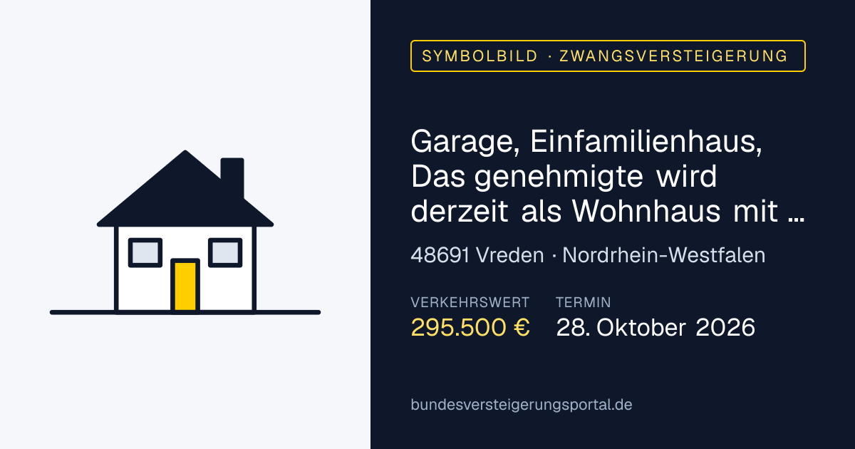 Symbolbild: Garage, Einfamilienhaus, Das genehmigte wird derzeit als Wohnhaus mit 3 Wohneinheiten genutzt - 2 weitere Nebenanlagen (Schuppen) in Vreden — Zwangsversteigerung, kein Foto des Objekts