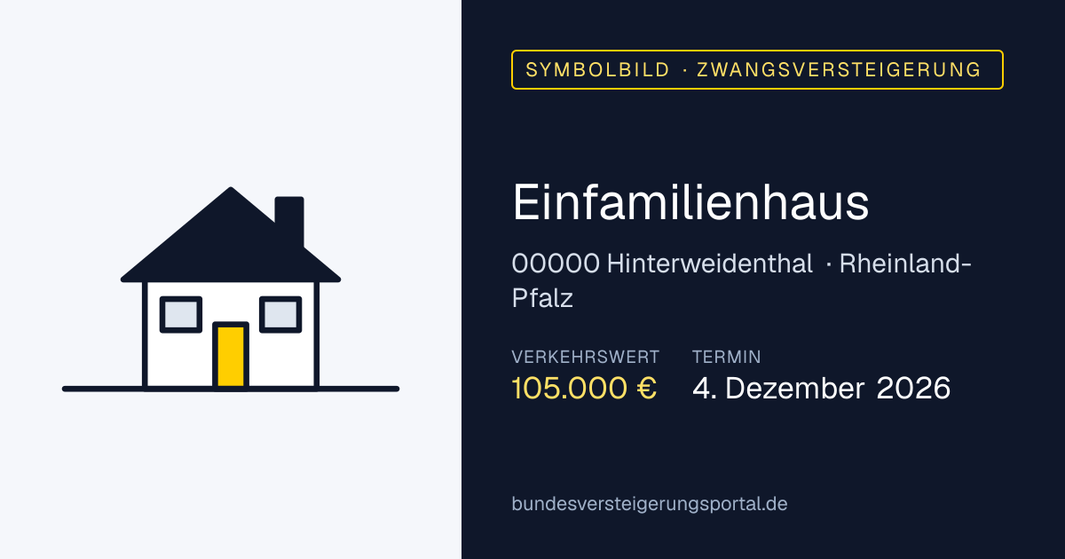 Symbolbild: Einfamilienhaus in Hinterweidenthal — Zwangsversteigerung, kein Foto des Objekts