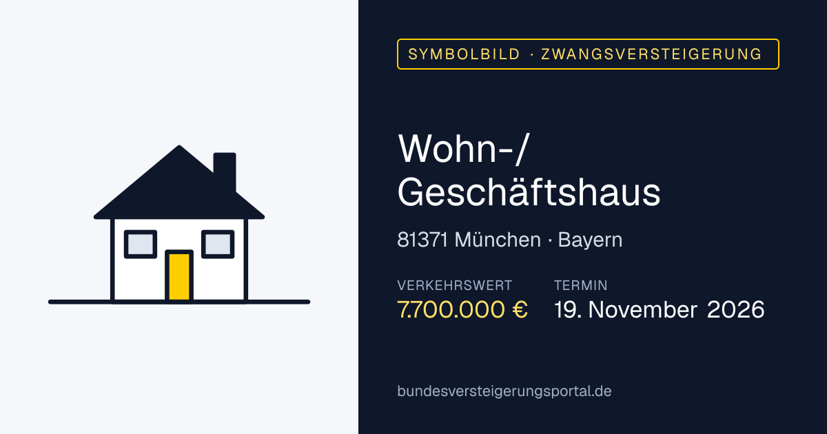 Symbolbild: Wohn-/Geschäftshaus in München — Zwangsversteigerung, kein Foto des Objekts
