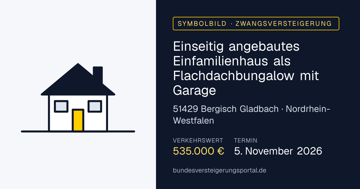 Symbolbild: Einseitig angebautes Einfamilienhaus als Flachdachbungalow mit Garage in Bergisch Gladbach — Zwangsversteigerung, kein Foto des Objekts