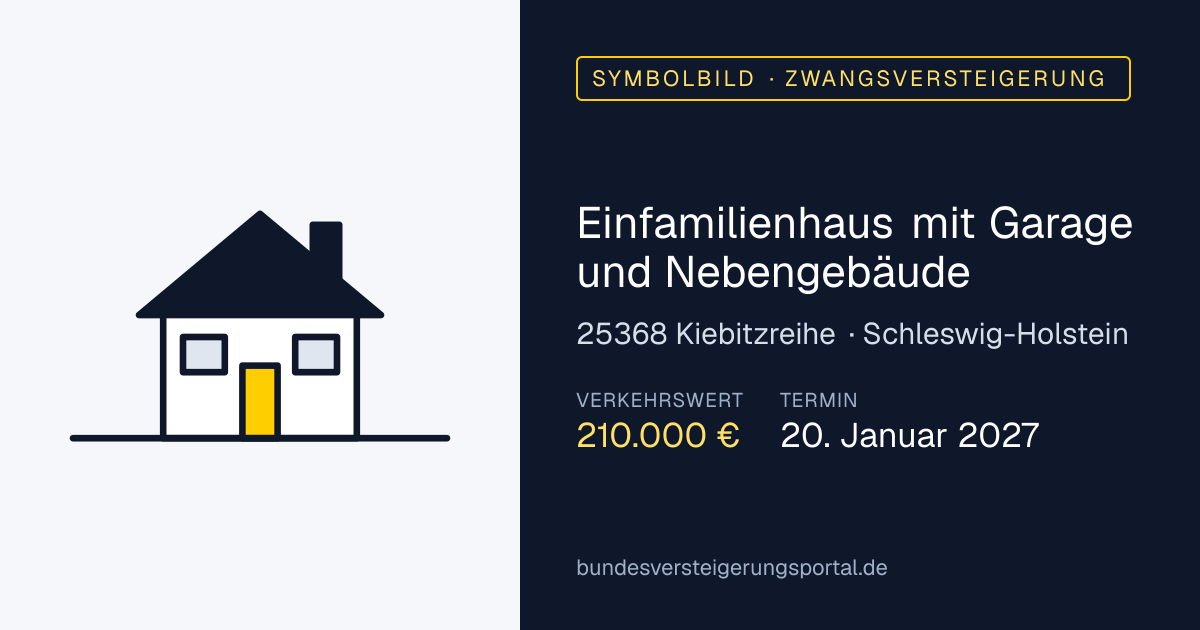 Symbolbild: Einfamilienhaus mit Garage und Nebengebäude in Kiebitzreihe — Zwangsversteigerung, kein Foto des Objekts
