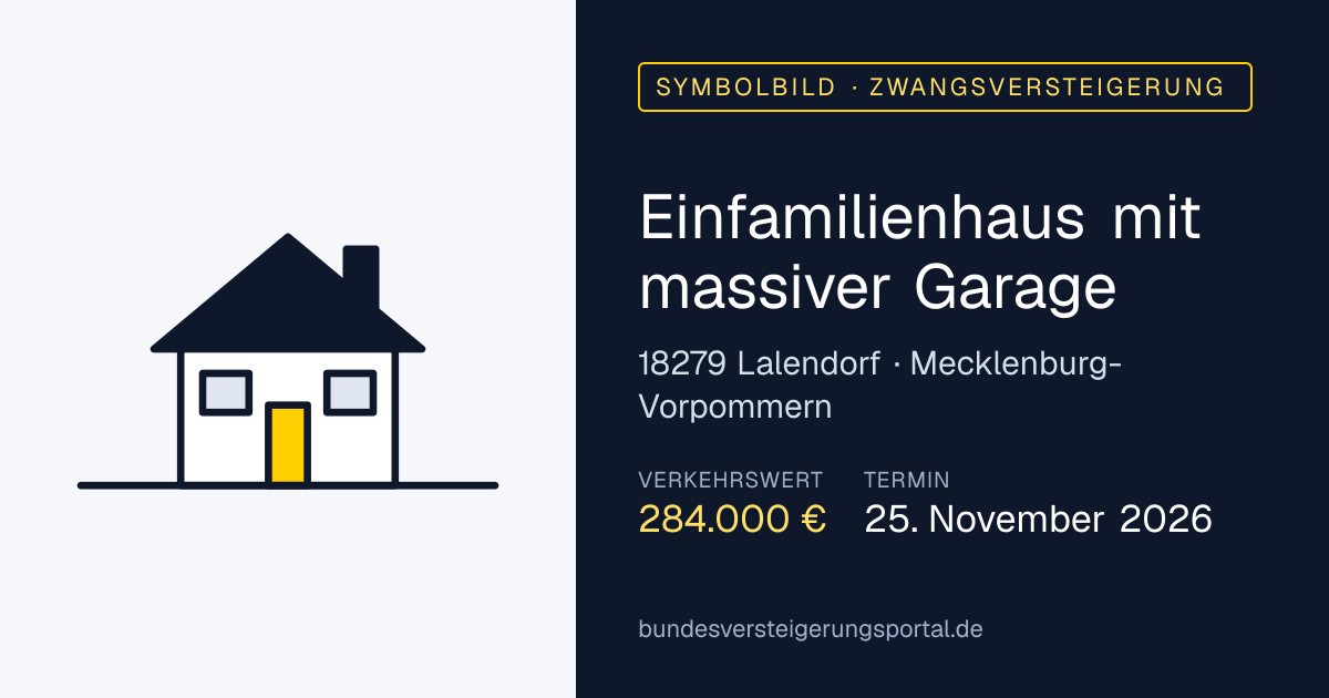 Symbolbild: Einfamilienhaus mit massiver Garage in Lalendorf — Zwangsversteigerung, kein Foto des Objekts