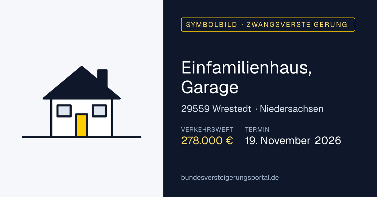 Symbolbild: Einfamilienhaus, Garage in Wrestedt — Zwangsversteigerung, kein Foto des Objekts