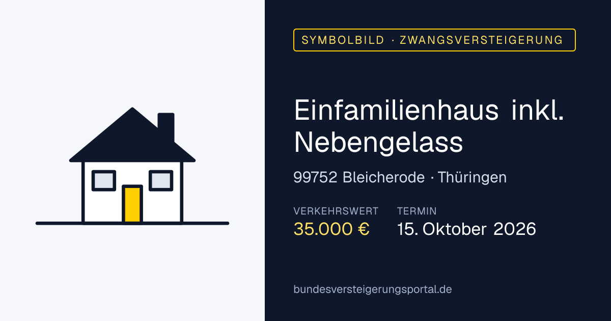 Symbolbild: Einfamilienhaus inkl. Nebengelass in Bleicherode — Zwangsversteigerung, kein Foto des Objekts