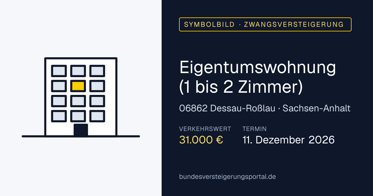 Symbolbild: Eigentumswohnung (1 bis 2 Zimmer) in Dessau-Roßlau — Zwangsversteigerung, kein Foto des Objekts