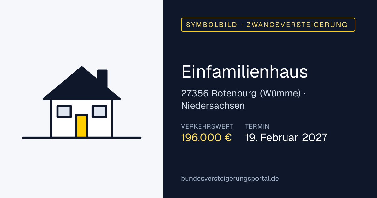 Symbolbild: Einfamilienhaus in Rotenburg (Wümme) — Zwangsversteigerung, kein Foto des Objekts