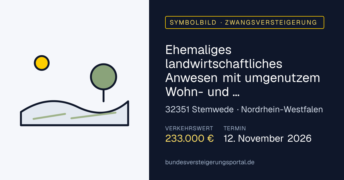 Symbolbild: Ehemaliges landwirtschaftliches Anwesen mit umgenutzem Wohn- und Wirtschaftsgebäude zu einem Bauernhofcafe mit Wohnung sowie Stall- und Scheunengebäude und Ländereien in Stemwede — Zwangsversteigerung, kein Foto des Objekts