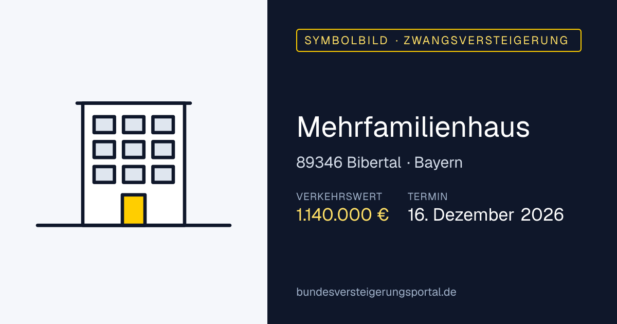 Symbolbild: Mehrfamilienhaus in Bibertal — Zwangsversteigerung, kein Foto des Objekts