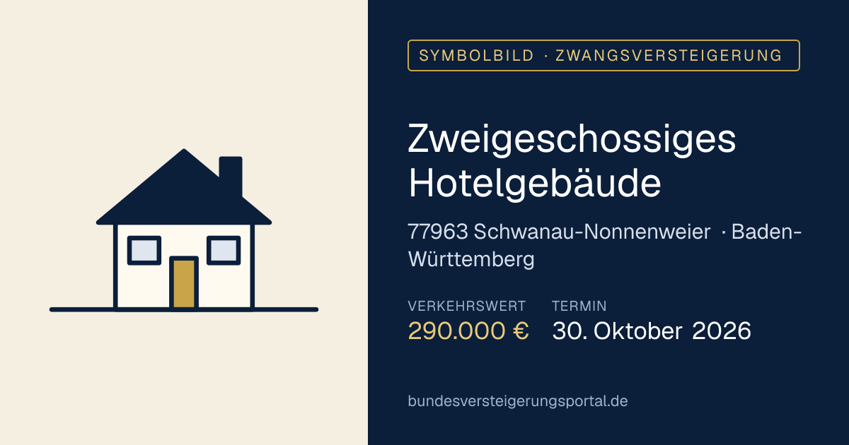 Symbolbild: Zweigeschossiges Hotelgebäude in Schwanau-Nonnenweier — Zwangsversteigerung, kein Foto des Objekts
