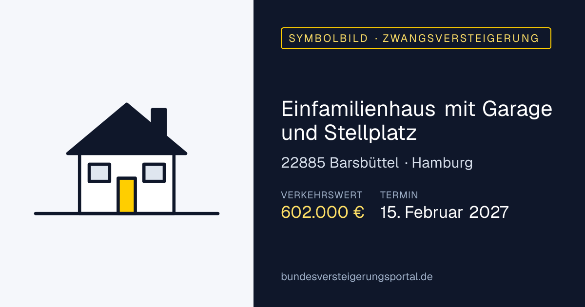 Symbolbild: Einfamilienhaus mit Garage und Stellplatz in Barsbüttel — Zwangsversteigerung, kein Foto des Objekts