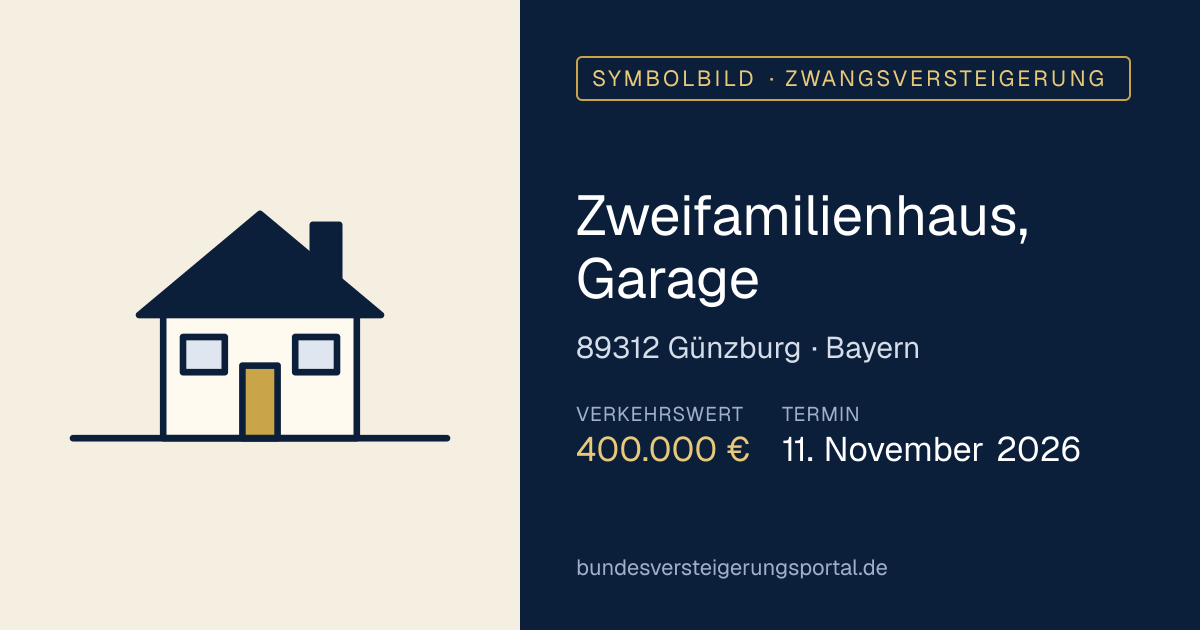 Symbolbild: Zweifamilienhaus, Garage in Günzburg — Zwangsversteigerung, kein Foto des Objekts
