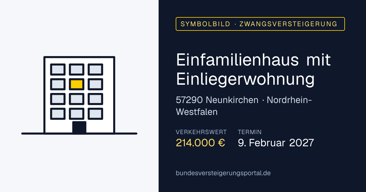 Symbolbild: Einfamilienhaus mit Einliegerwohnung in Neunkirchen — Zwangsversteigerung, kein Foto des Objekts