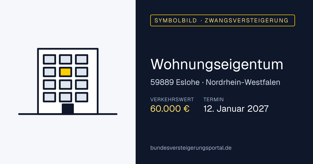 Symbolbild: Wohnungseigentum in Eslohe — Zwangsversteigerung, kein Foto des Objekts
