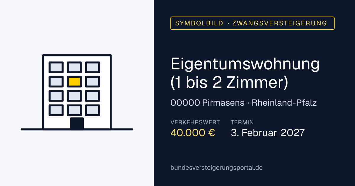 Symbolbild: Eigentumswohnung (1 bis 2 Zimmer) in Pirmasens — Zwangsversteigerung, kein Foto des Objekts