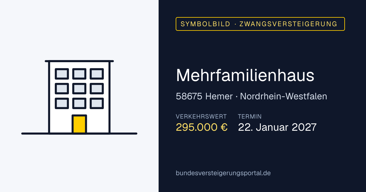 Symbolbild: Mehrfamilienhaus in Hemer — Zwangsversteigerung, kein Foto des Objekts