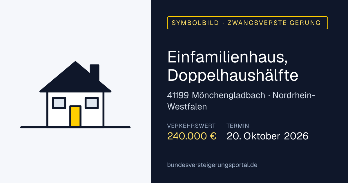Symbolbild: Einfamilienhaus, Doppelhaushälfte in Mönchengladbach — Zwangsversteigerung, kein Foto des Objekts