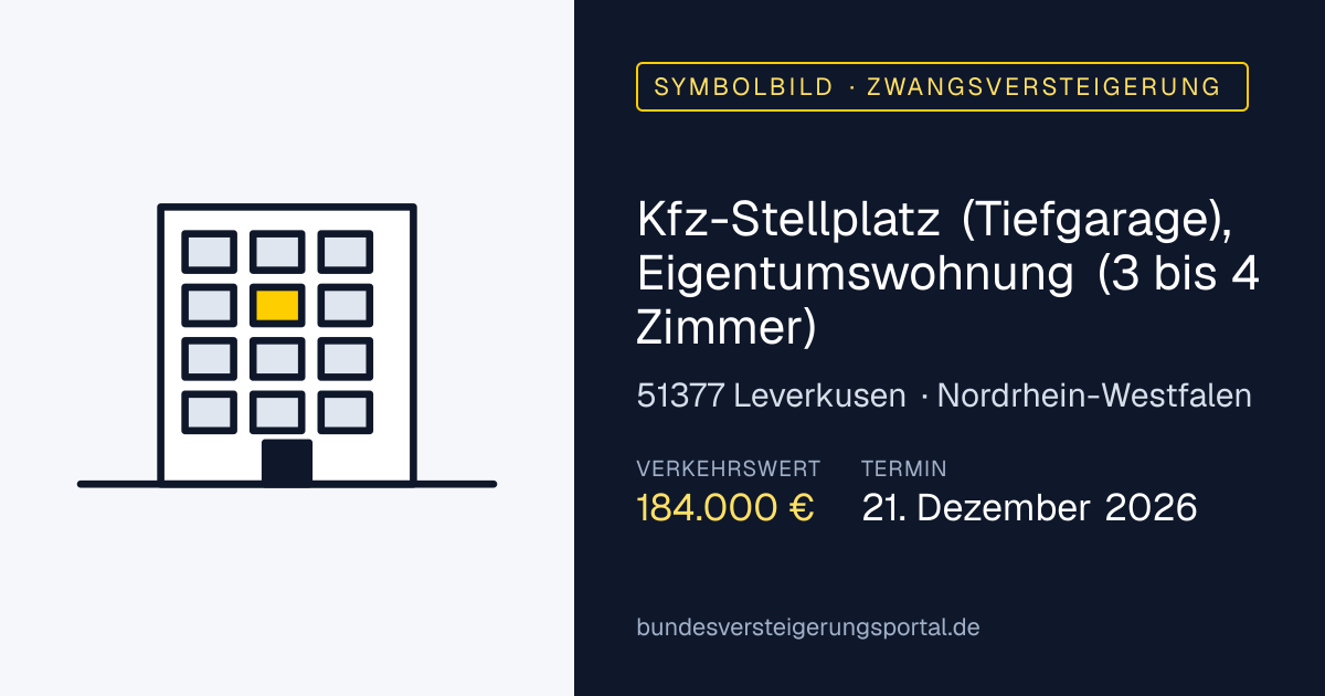 Symbolbild: Kfz-Stellplatz (Tiefgarage), Eigentumswohnung (3 bis 4 Zimmer) in Leverkusen — Zwangsversteigerung, kein Foto des Objekts