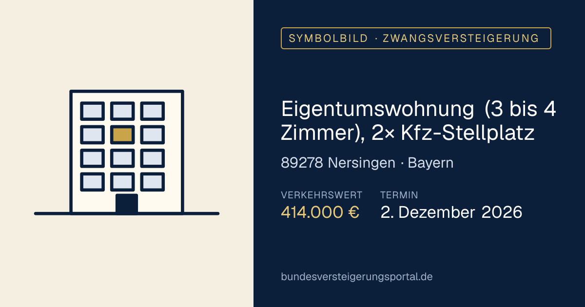 Symbolbild: Eigentumswohnung (3 bis 4 Zimmer), 2× Kfz-Stellplatz in Nersingen — Zwangsversteigerung, kein Foto des Objekts