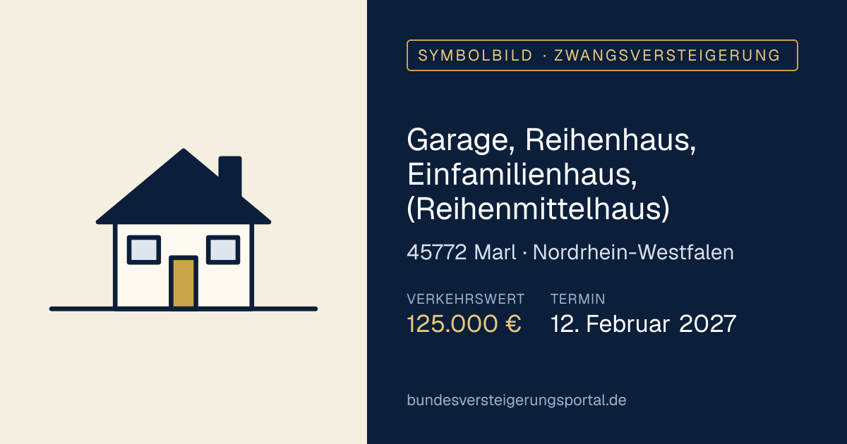 Symbolbild: Garage, Reihenhaus, Einfamilienhaus, (Reihenmittelhaus) in Marl — Zwangsversteigerung, kein Foto des Objekts