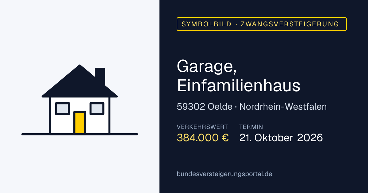 Symbolbild: Garage, Einfamilienhaus in Oelde — Zwangsversteigerung, kein Foto des Objekts